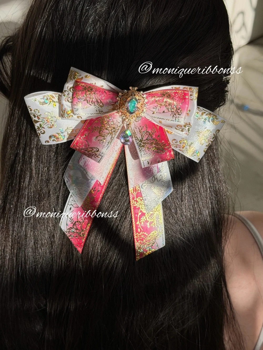Handmade Pink and White Gold Accent Elegant Hair Bow